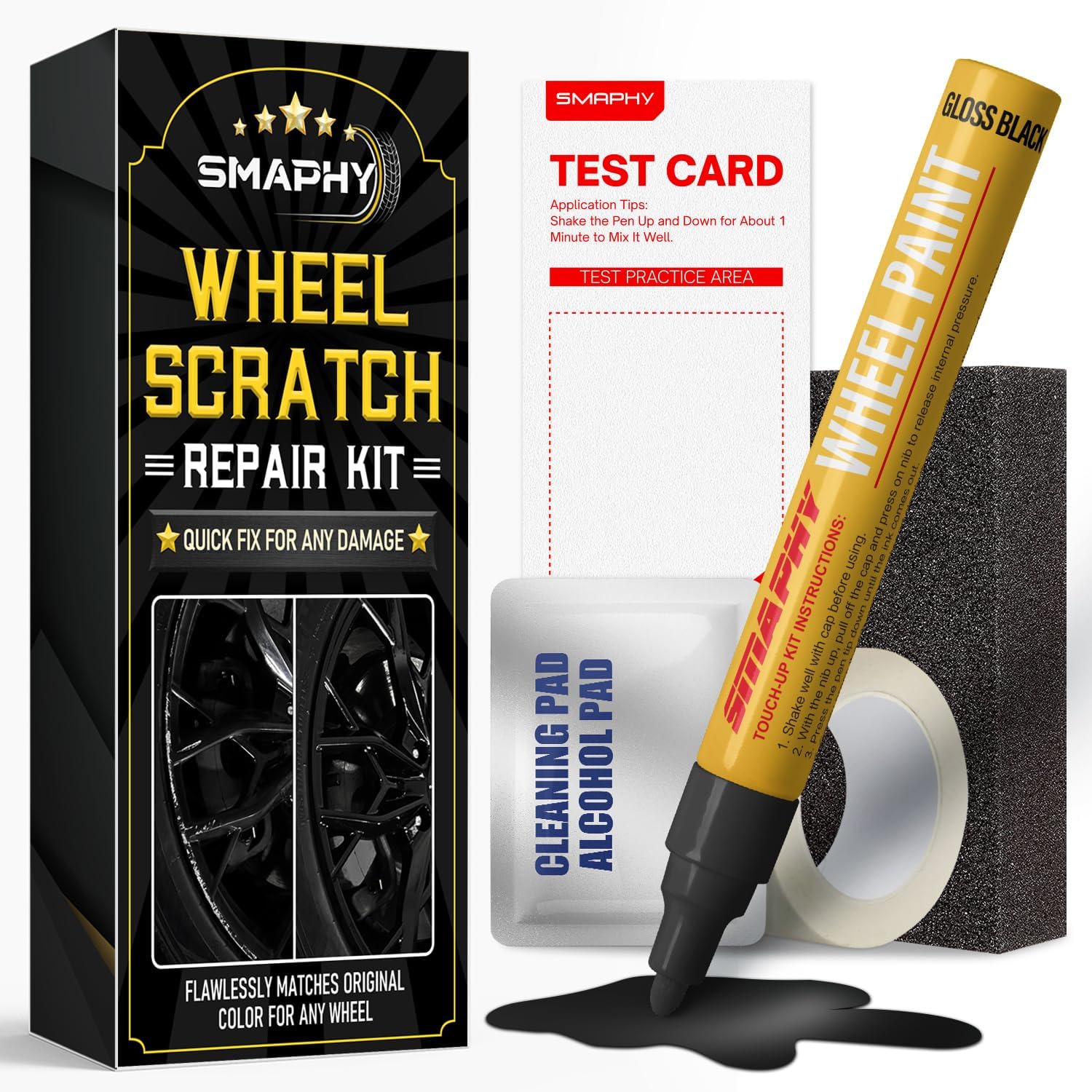 SMAPHY Gloss Black Wheel Scratch Repair Kit DIY; Fixes Curb Rash on Al
