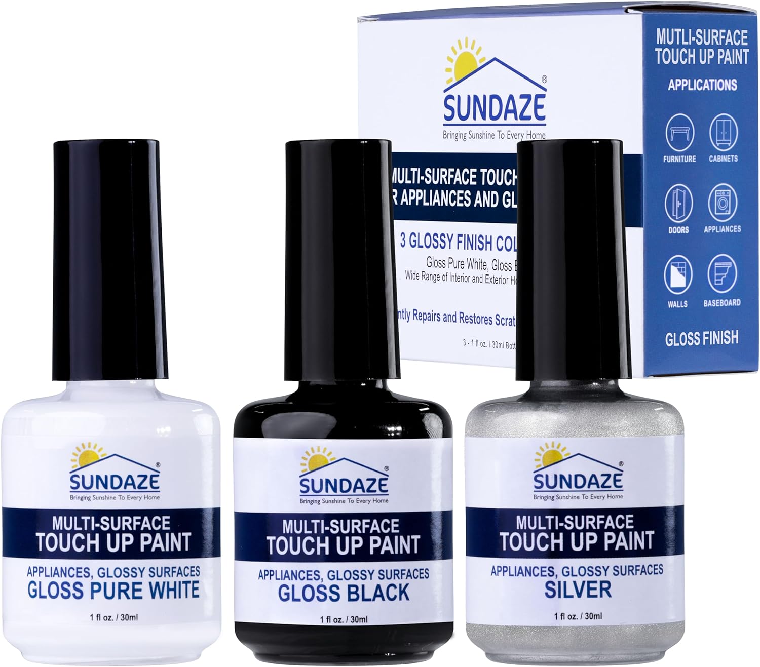 Sundaze Gloss Appliance Touch-Up Paint Kit; 3 Colors (White, Black, Si
