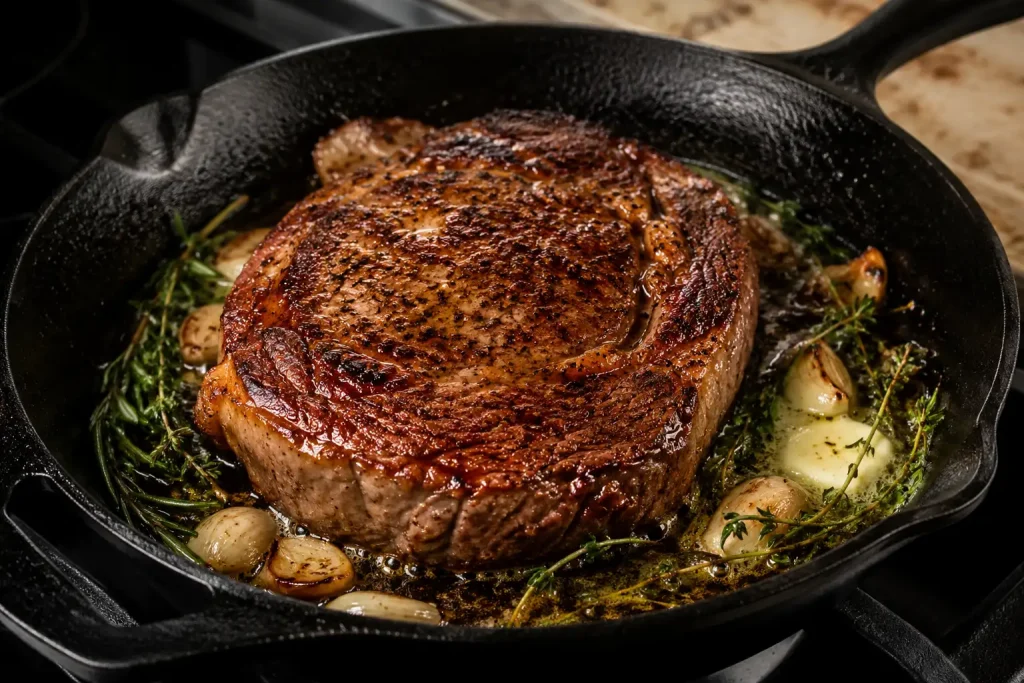 Fry steak in cast iron pan showing a golden-brown crust on a cooked ribeye.