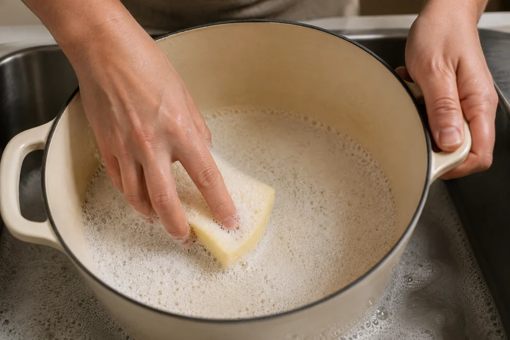  a person's hands gently washing the inside of a cream-colored enameled cast iron pot in a sink filled with soapy water