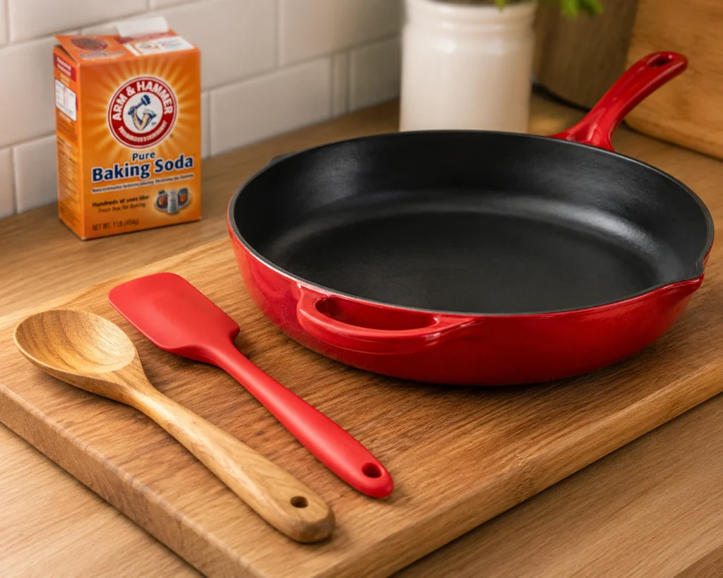 a red silicone spatula resting on a clean wooden cutting board next to a bright red enameled cast iron skillet