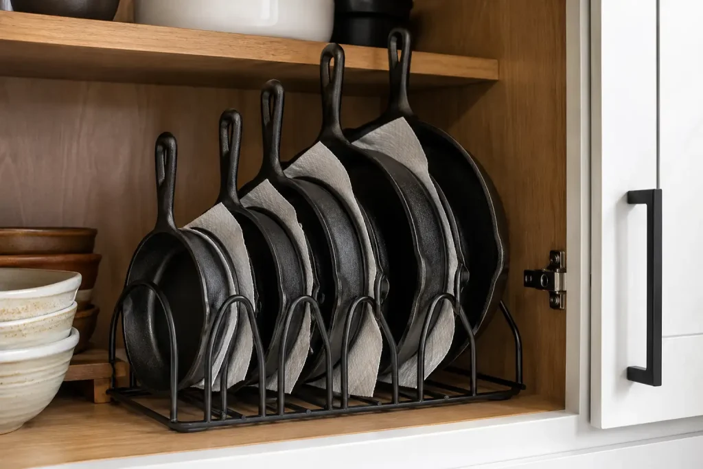 cast iron skillets stored vertically in a heavy-duty metal pan organizer rack.