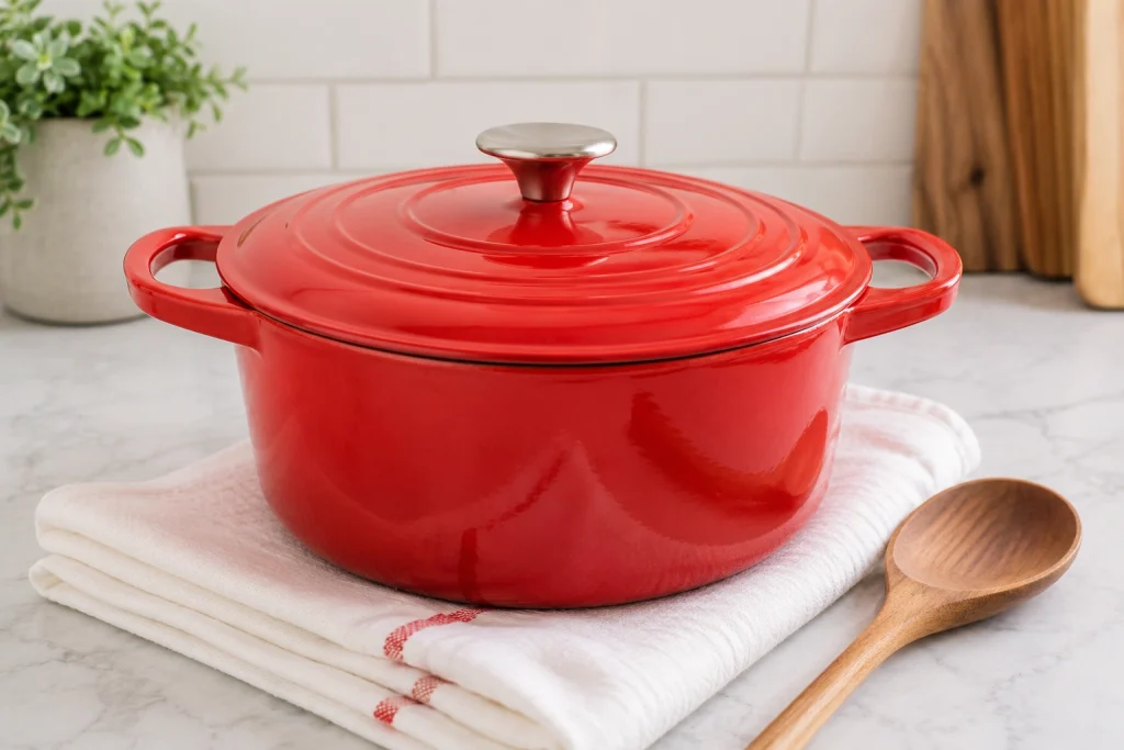 clean red enameled cast iron Dutch oven drying on a folded white kitchen towel with a wooden cooking spoon