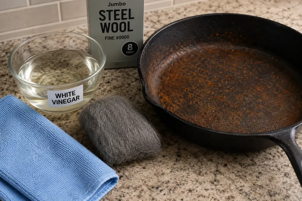 kitchen counter with rust-stripping supplies