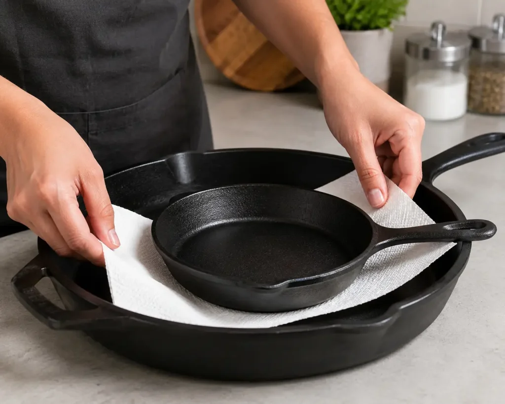 large black cast iron skillet before nesting a smaller cast iron skillet on top of it