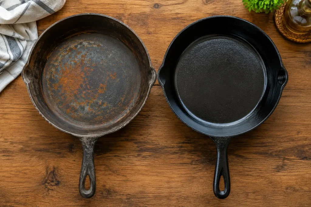 rusty vintage cast iron skillet sitting on a clean wooden kitchen table next to a newly reconditioned