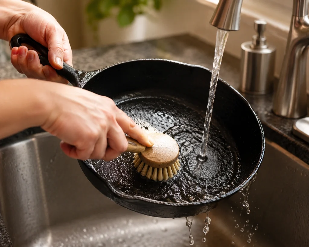 stiff bristled dish brush and running warm water over a cast iron pan in a modern kitchen sink